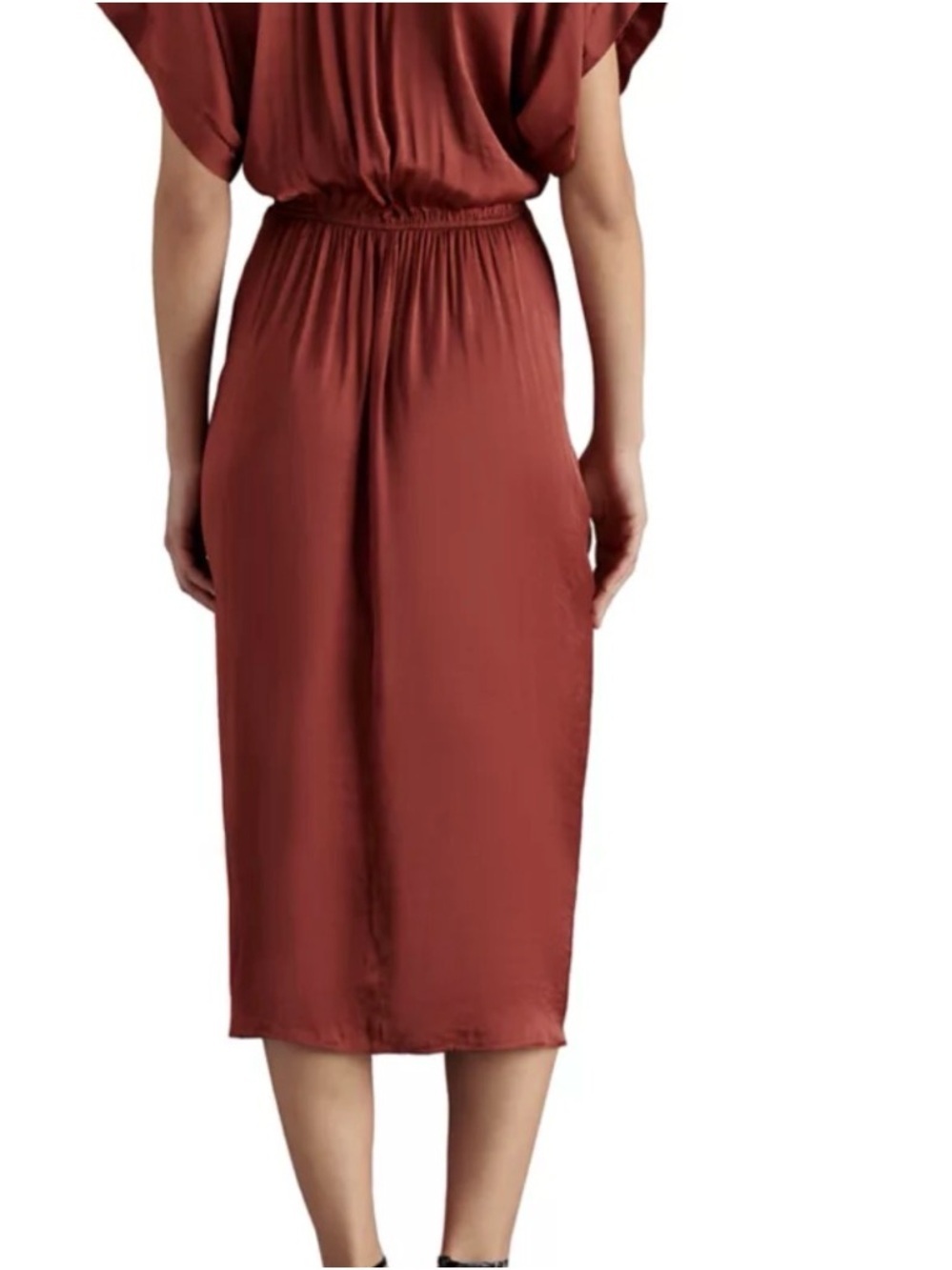 Steve Madden Aimee Ruched Front Midi Dress Spiced Apple Satin Sz M - Picture 6 of 9